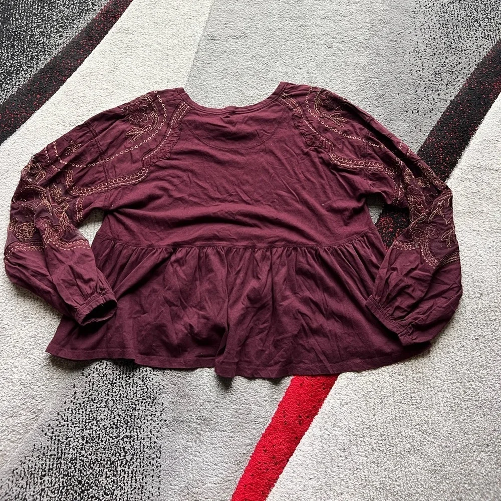 Free People Maroon Lantern Sleeve Babydoll Top